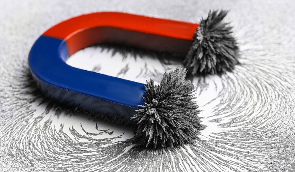 Aimant attirant de la limaille de fer, illustration du principe magnétique inefficace contre le calcaire.