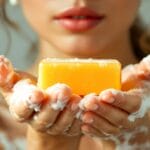 Femme tenant un savon moussant entre ses mains, illustrant le lavage pour éliminer les bactéries.