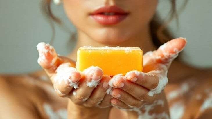 Femme tenant un savon moussant entre ses mains, illustrant le lavage pour éliminer les bactéries.